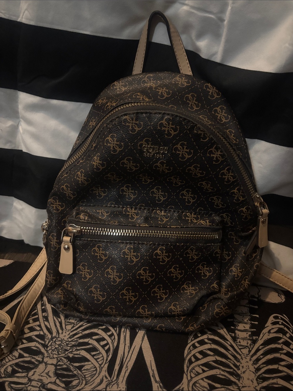 Guess Monogram Mini Backpack - Brown with Tan